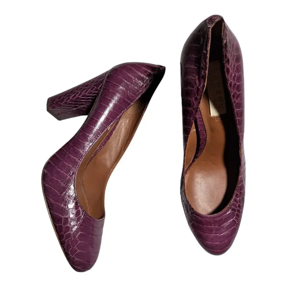 Lauren Ralph Lauren Viona Purple Croc Embossed Leather Block Heel Pumps Sz 6.5
